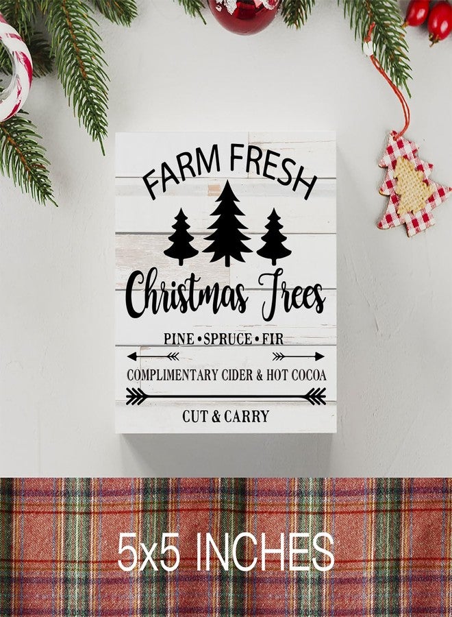 WRSUNT Rustic Winter Farm Fresh Christmas Trees Wood Box Sign, Farmhouse Christmas Santa Artwork Decor, Wood Square Sign Desk Block Signs Home Shelf Office Decoration 5 x 5 Inches - Image 3